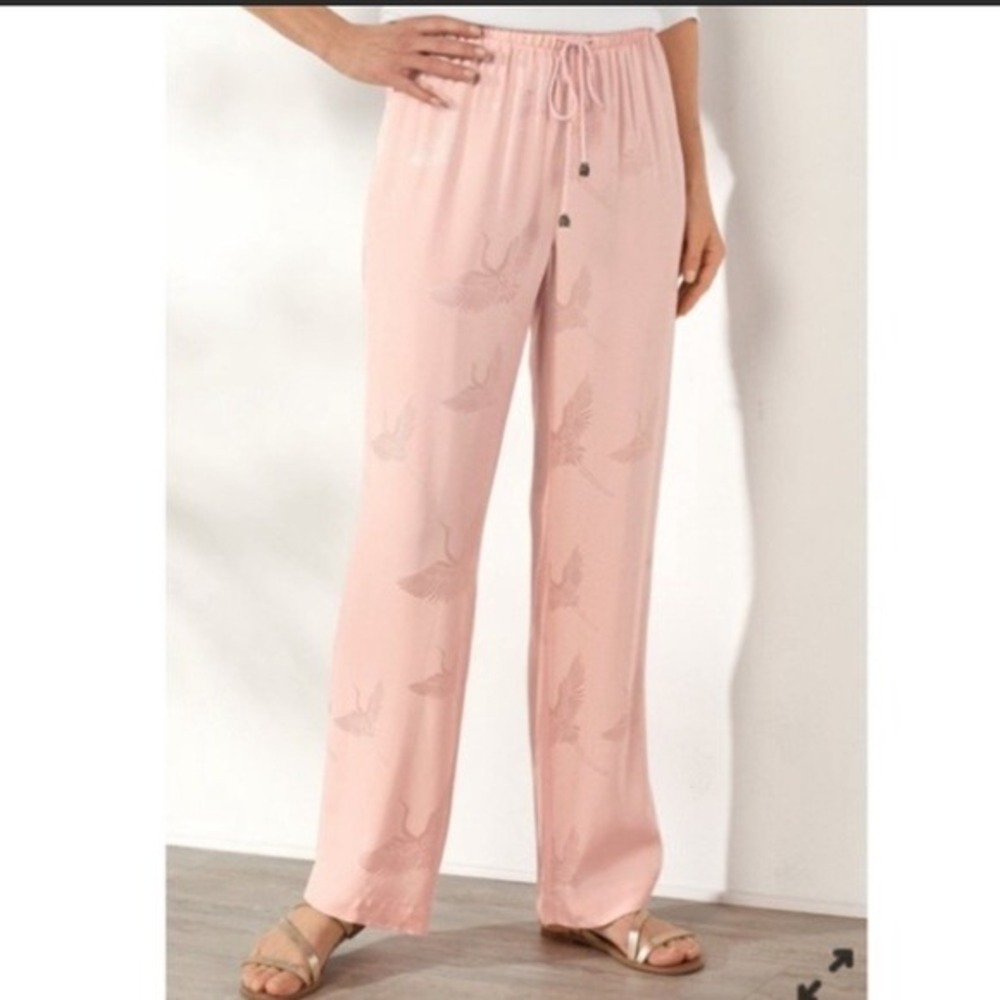 Soft Surroundings Thousand Happiness Crane Pink Wide Leg Viscose Pants Art‎ Boho